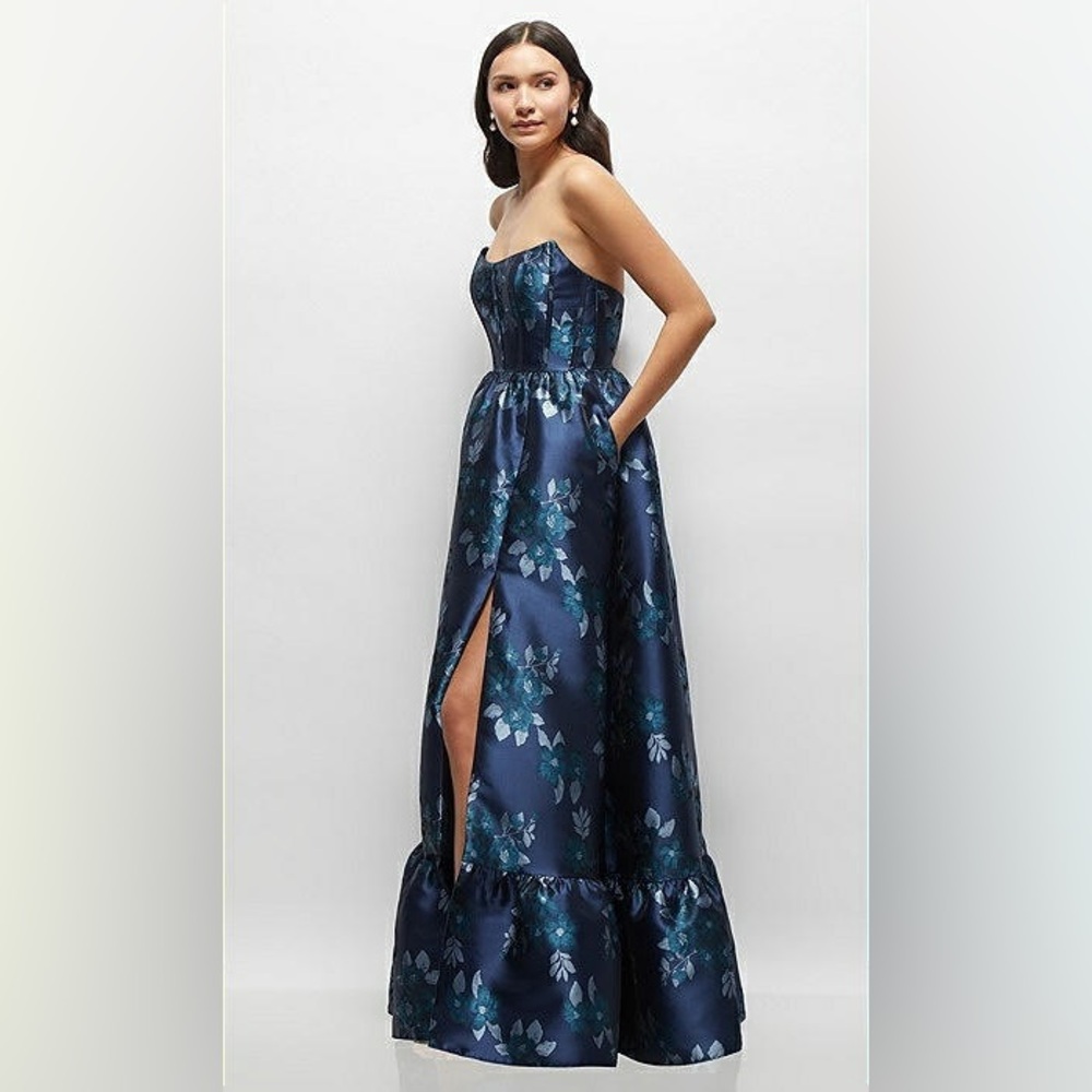 Dessy Collection ; Women's Navy Rose Damask Strapless Cat-Eye Bodice Maxi Dress - Picture 3 of 16